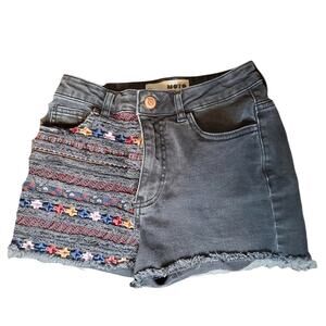 🔥Topshop Moto Embroidered Raw Hem High Rise Denim Shorts Black Size 25 W Fringe